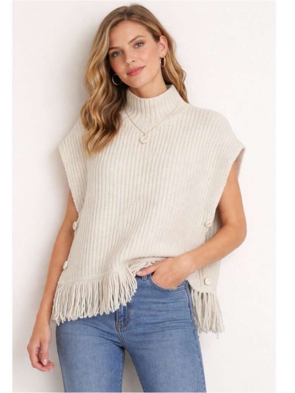 Anthropologie Cream Fringe Turtleneck Loose Fit Knit Poncho